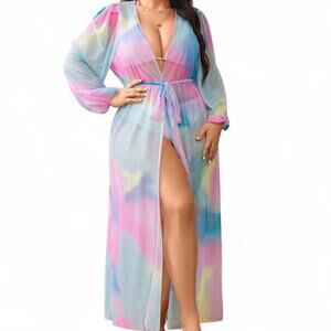 Pastel Tie Dye Maxi Mesh Cover Up Robe Duster Tapered Long Sleeves Cutegoth 2XL